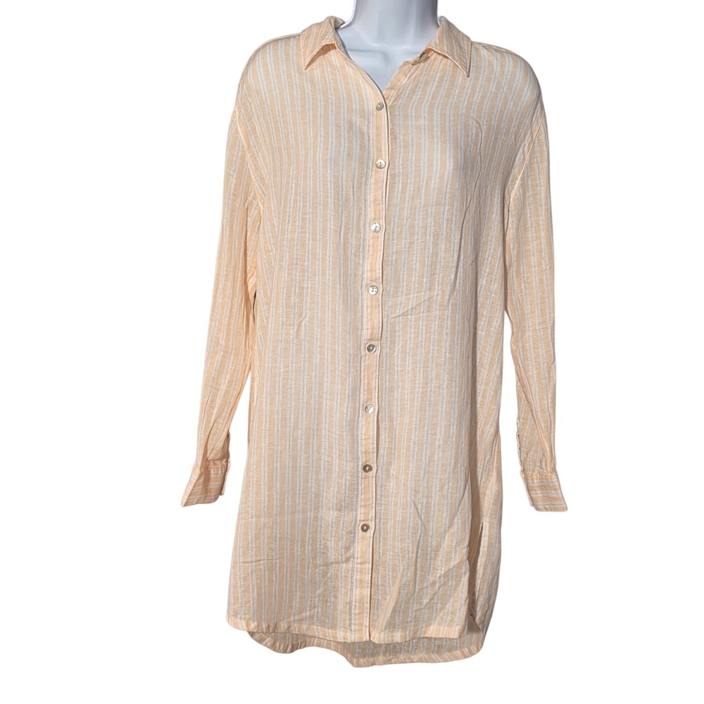 Calypso‎ St Barth Peach Striped Linen Blend Button Down Shirt Dress Womens M